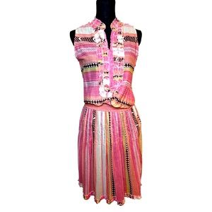 LOLA Australia Pink Sleeveless MIDI Dress Boho Tribal Print Fur Fringe